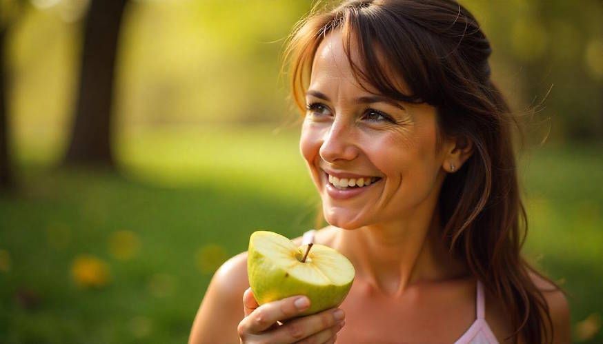 woman eating an apple smiling and enjoying May which is Mental Health Month