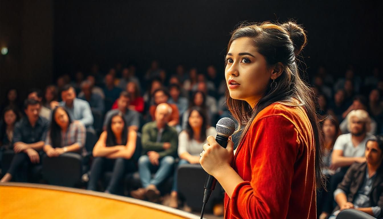 Woman fearful of speaking in public places