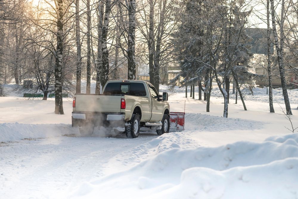 A white truck is plowing a snowy driveway.