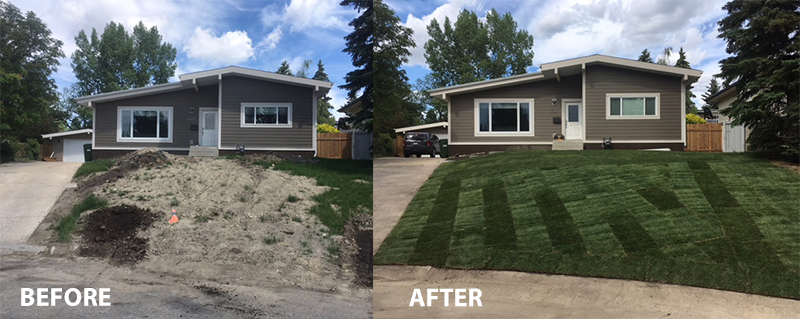 A before and after picture of a house with a lush green lawn.
