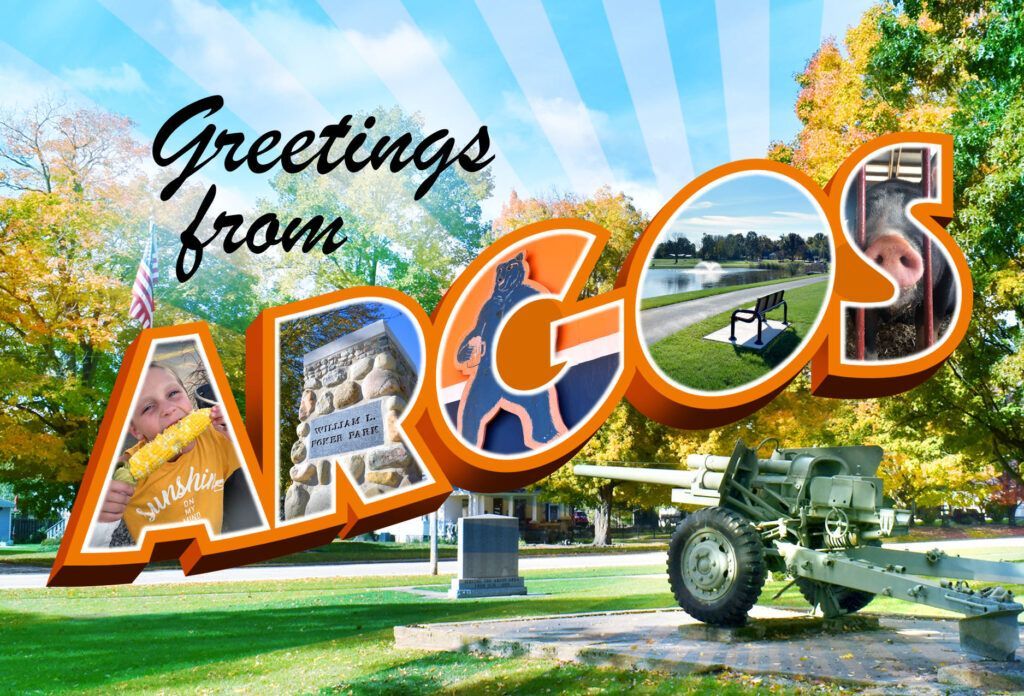 "Greetings from Argos" postcard with photos: child, statue, lake, and pig, with a cannon in the foreground.