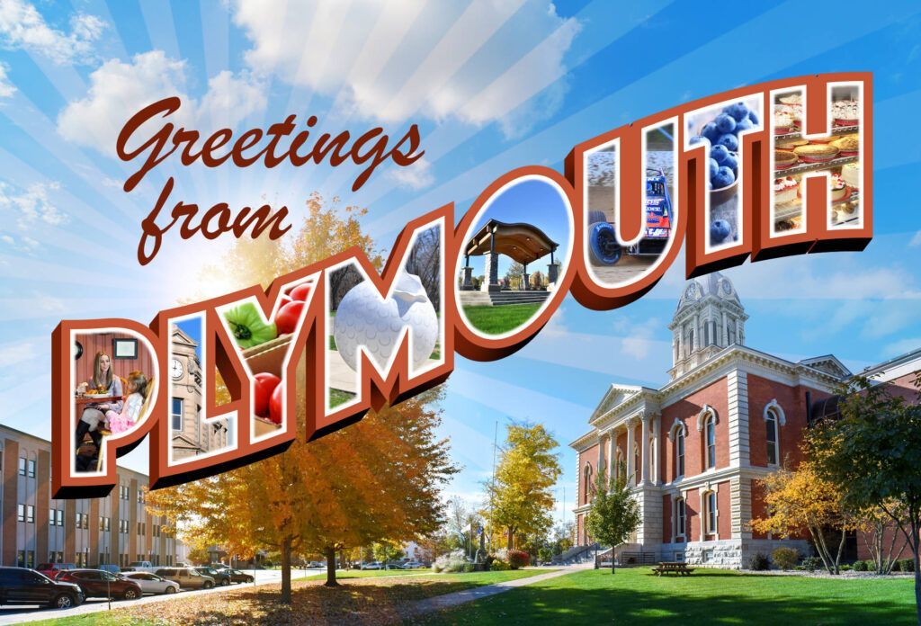 "Greetings from Plymouth" postcard with photos in letters, sunny sky, and building.