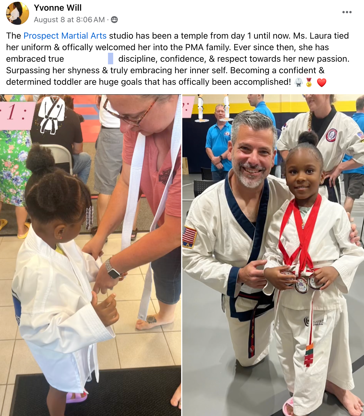 A man is kneeling down next to a little girl in a karate uniform.