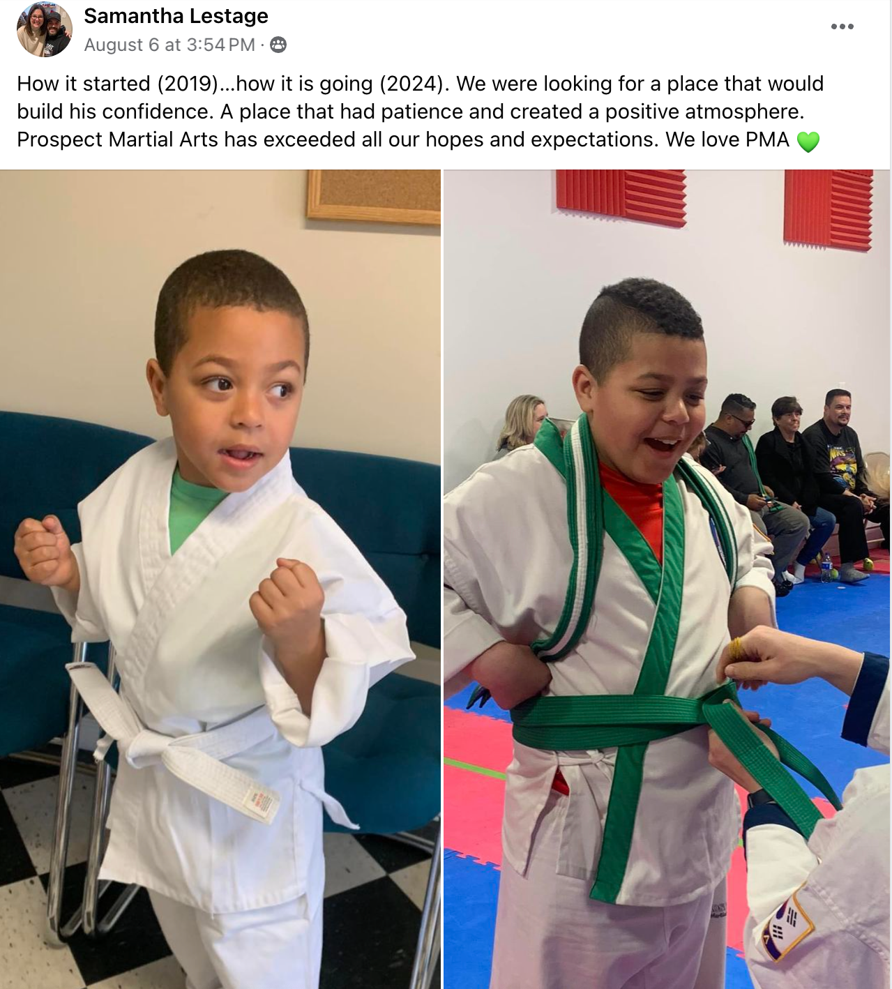 Two pictures of a young boy in a karate uniform.