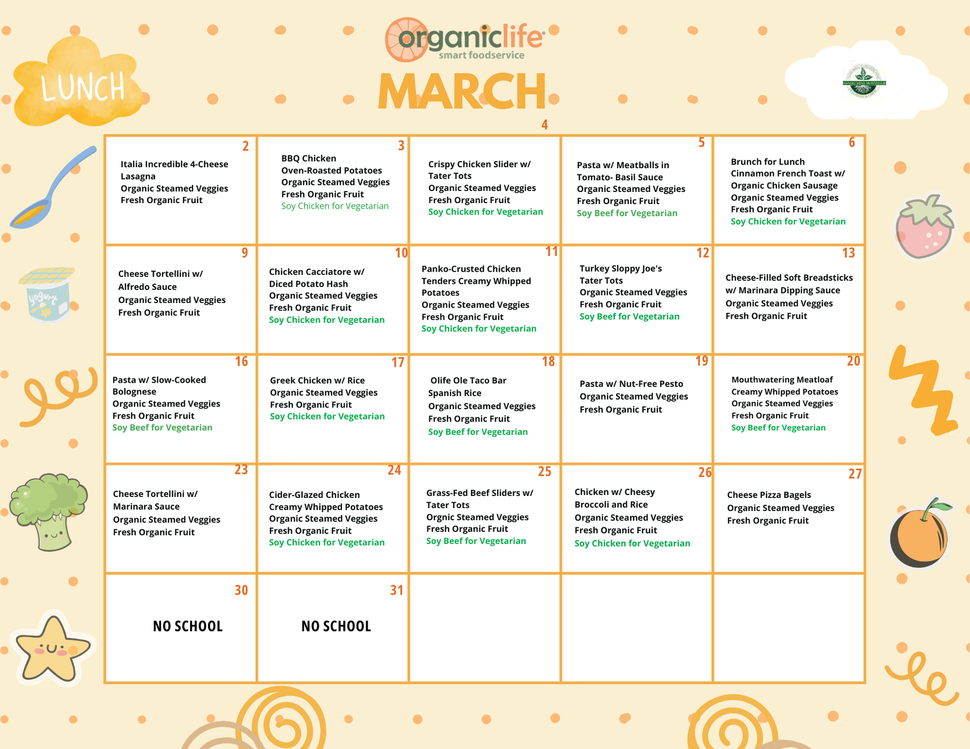 Mansio Montessori March lunch menu with daily organic meals and vegetarian options.