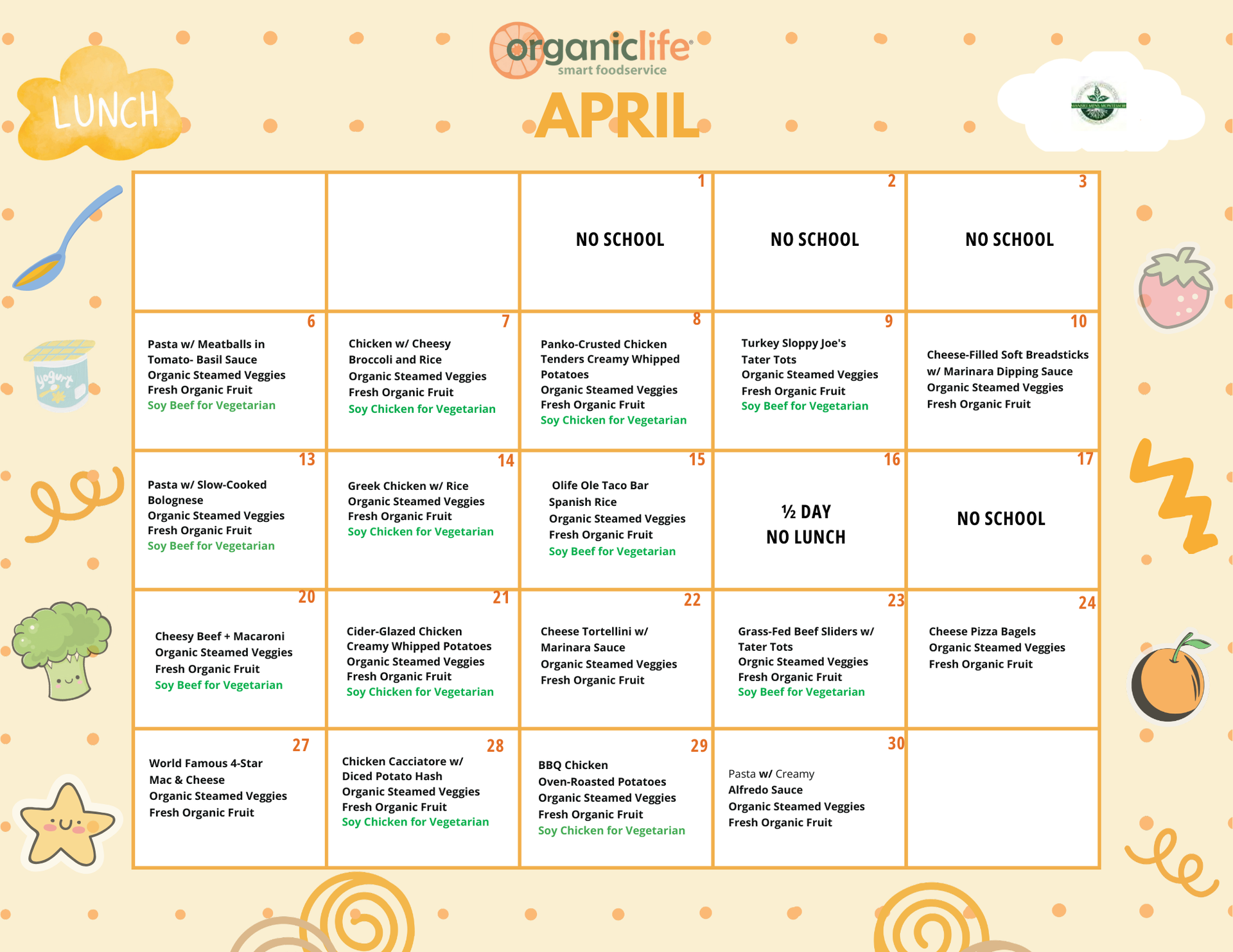 Mansio Montessori March lunch menu with daily organic meals and vegetarian options.