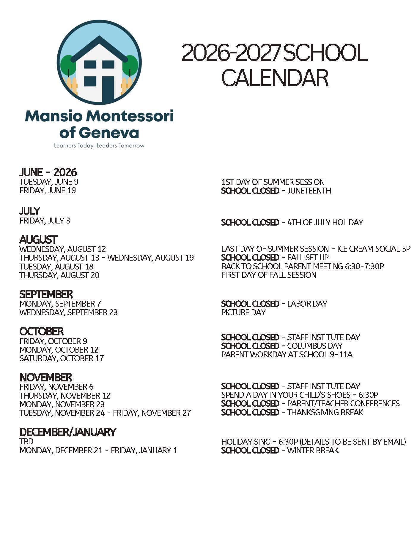 Mansio Montessori of Geneva 2026–2027 school calendar with holidays, closures, and key school dates.