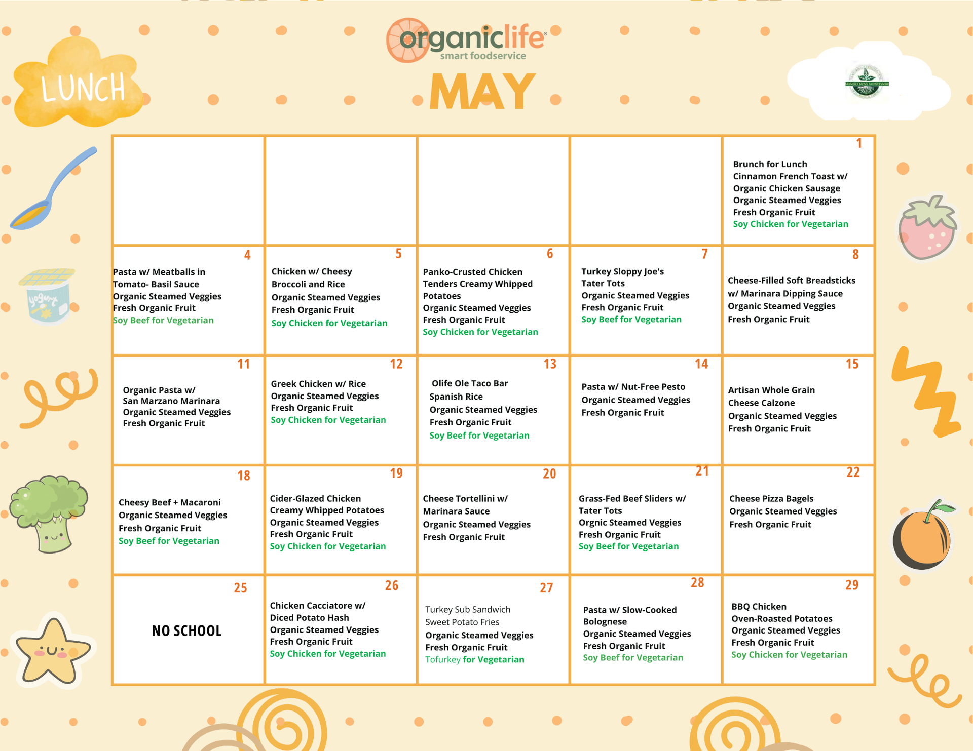Mansio Montessori March lunch menu with daily organic meals and vegetarian options.