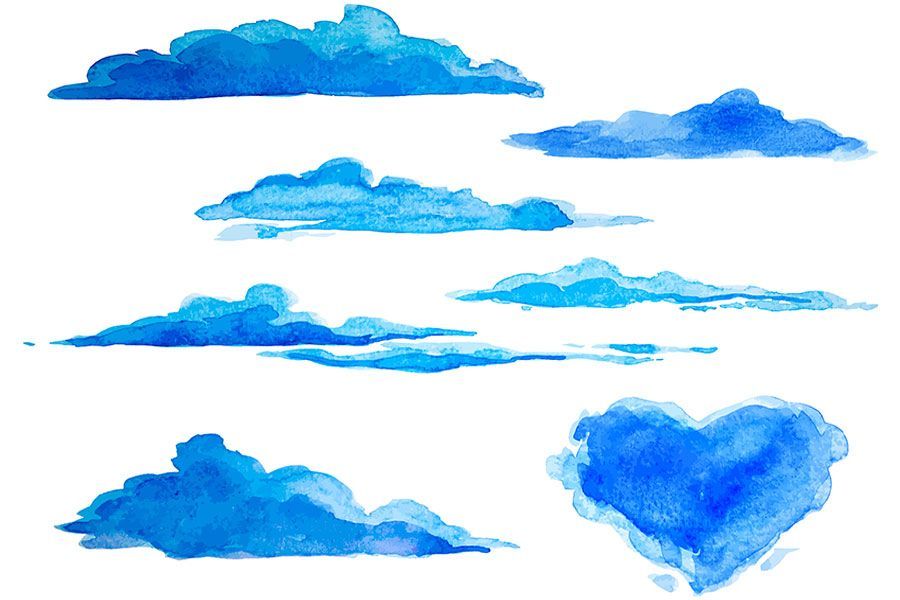 A watercolor painting of blue clouds and a heart shaped cloud.