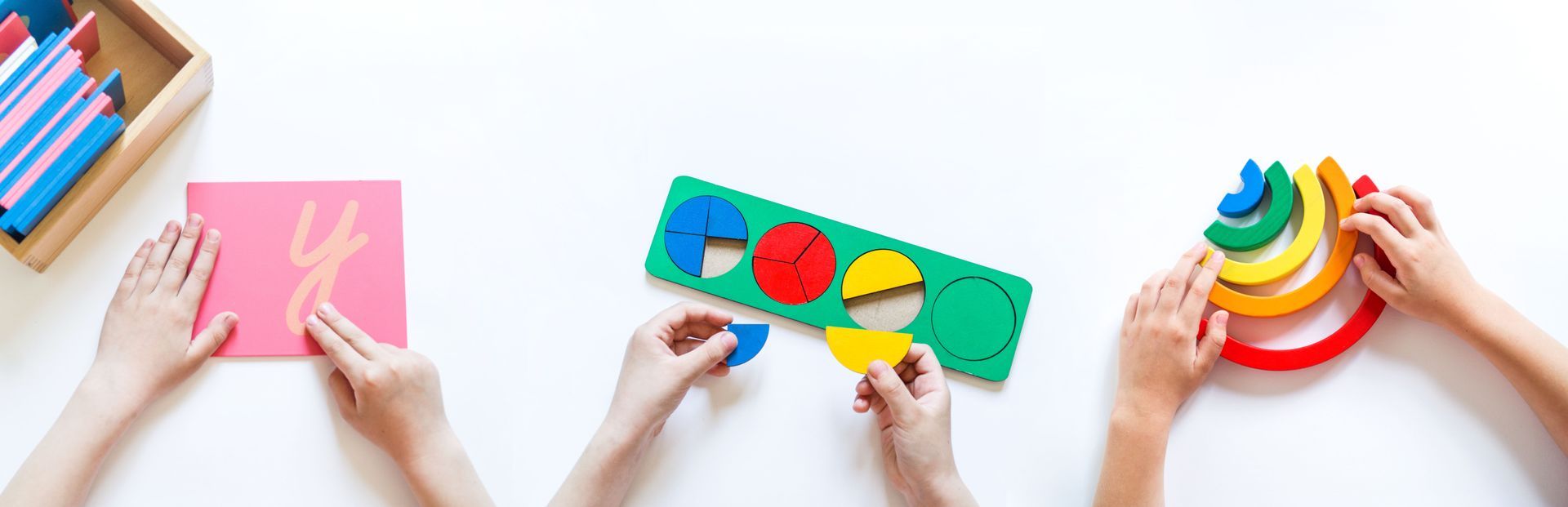 Kids playing with different Montessori toys.