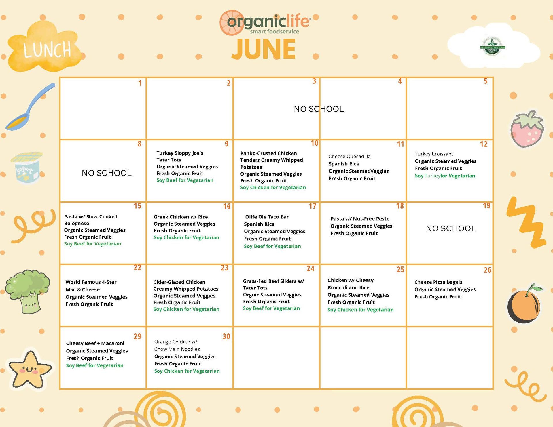 Mansio Montessori March lunch menu with daily organic meals and vegetarian options.
