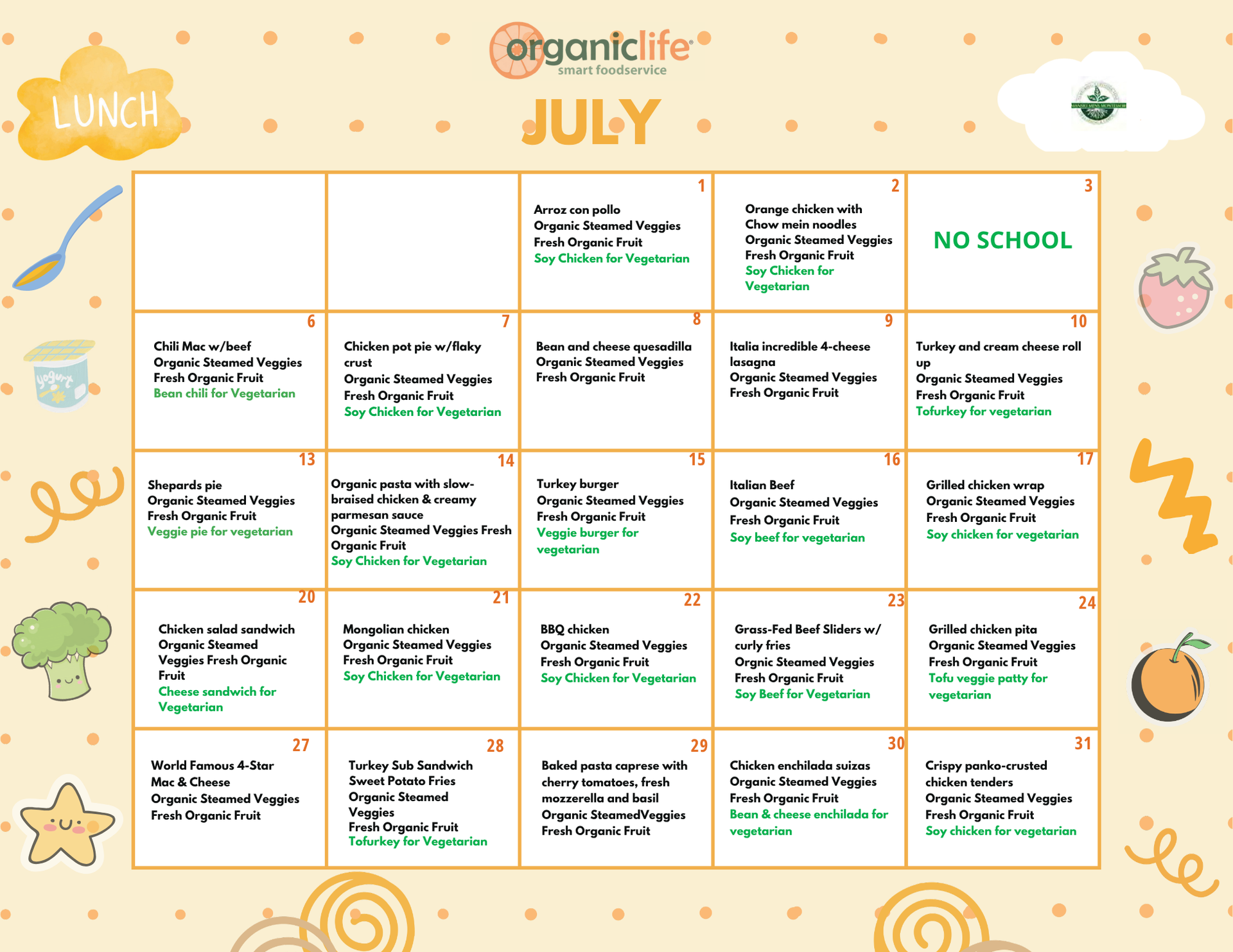 Mansio Montessori March lunch menu with daily organic meals and vegetarian options.