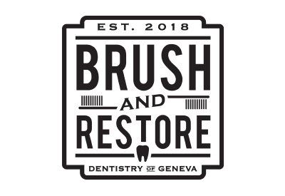 The logo for brush and restore dentistry of geneva is black and white.