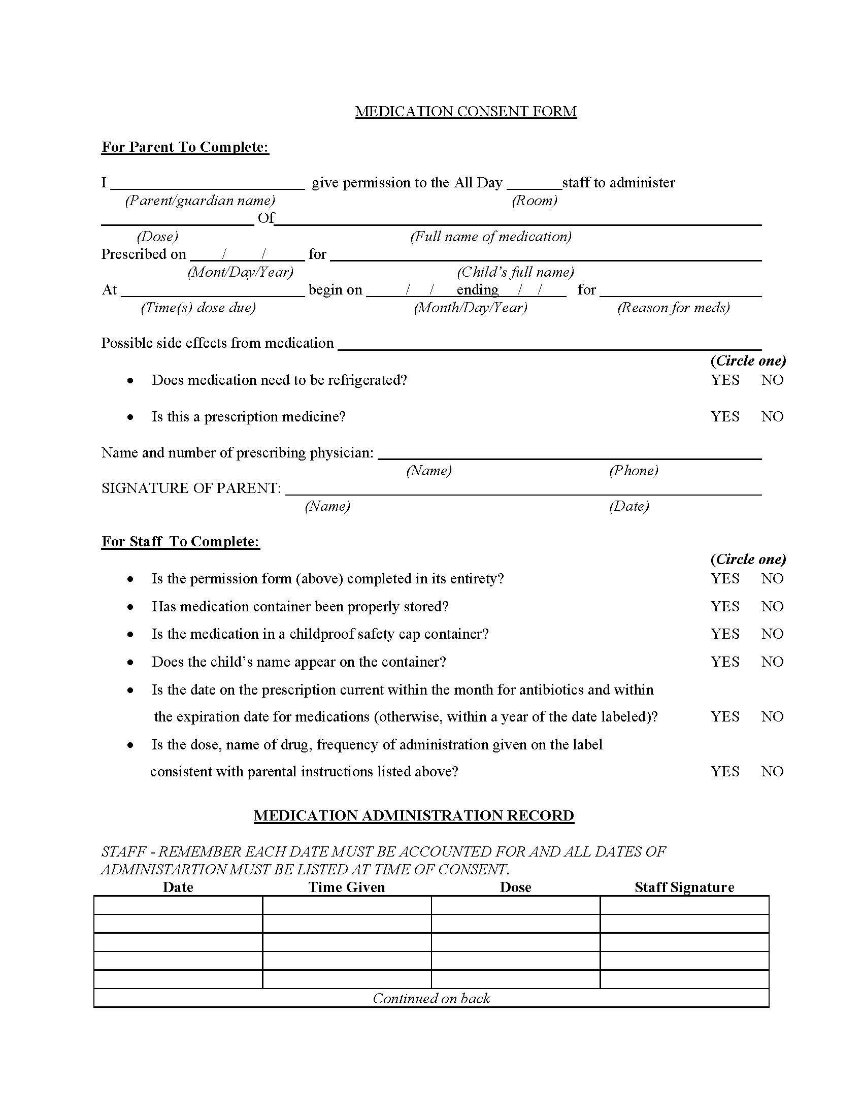 Medication consent and administration record form for parents and staff at a Montessori school.