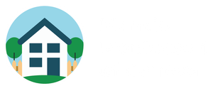 A white house with a blue roof and trees in a circle.