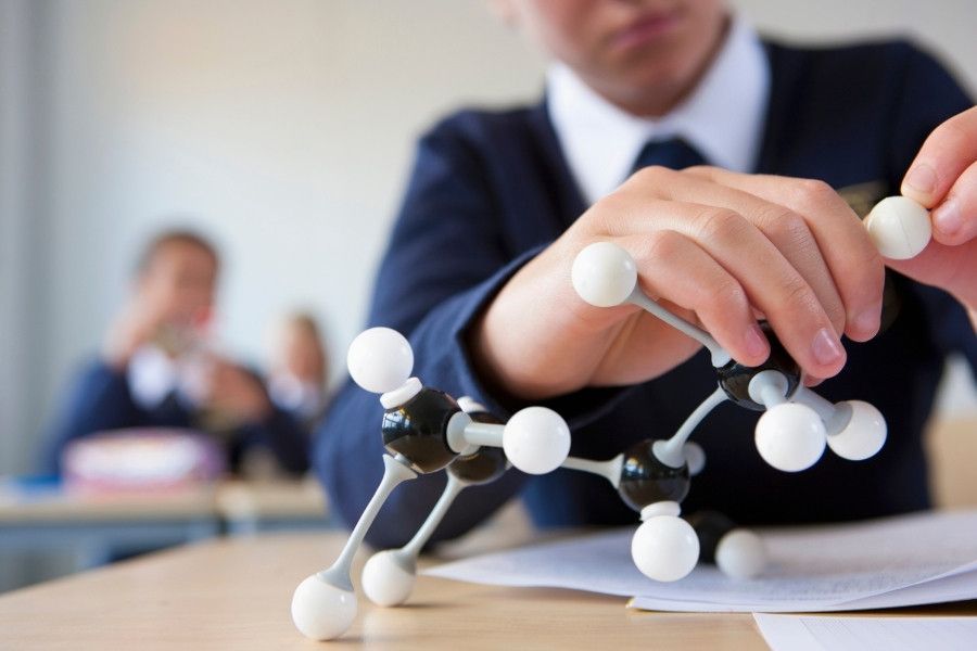 A person is holding a model of a molecule in their hands.