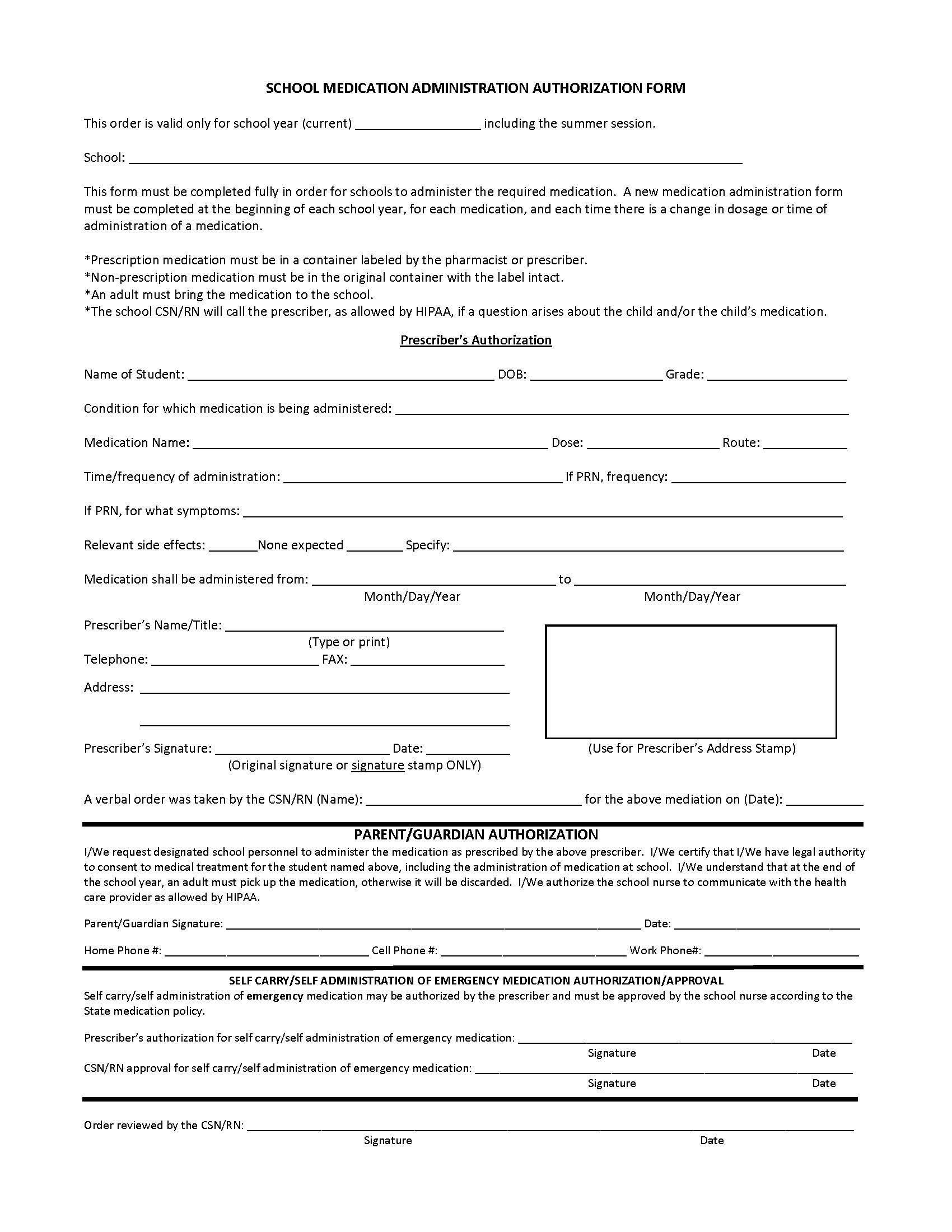 School medication administration authorization form for students with parent and prescriber approval.