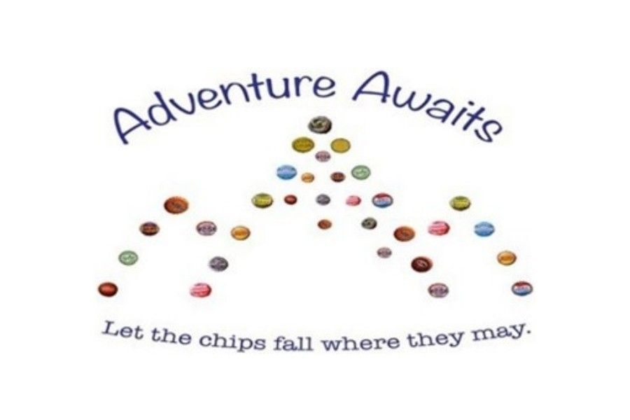 A logo for adventure awaits that says let the chips fall where they may