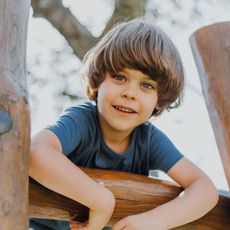 A young boy in a blue shirt is sitting on a wooden fence