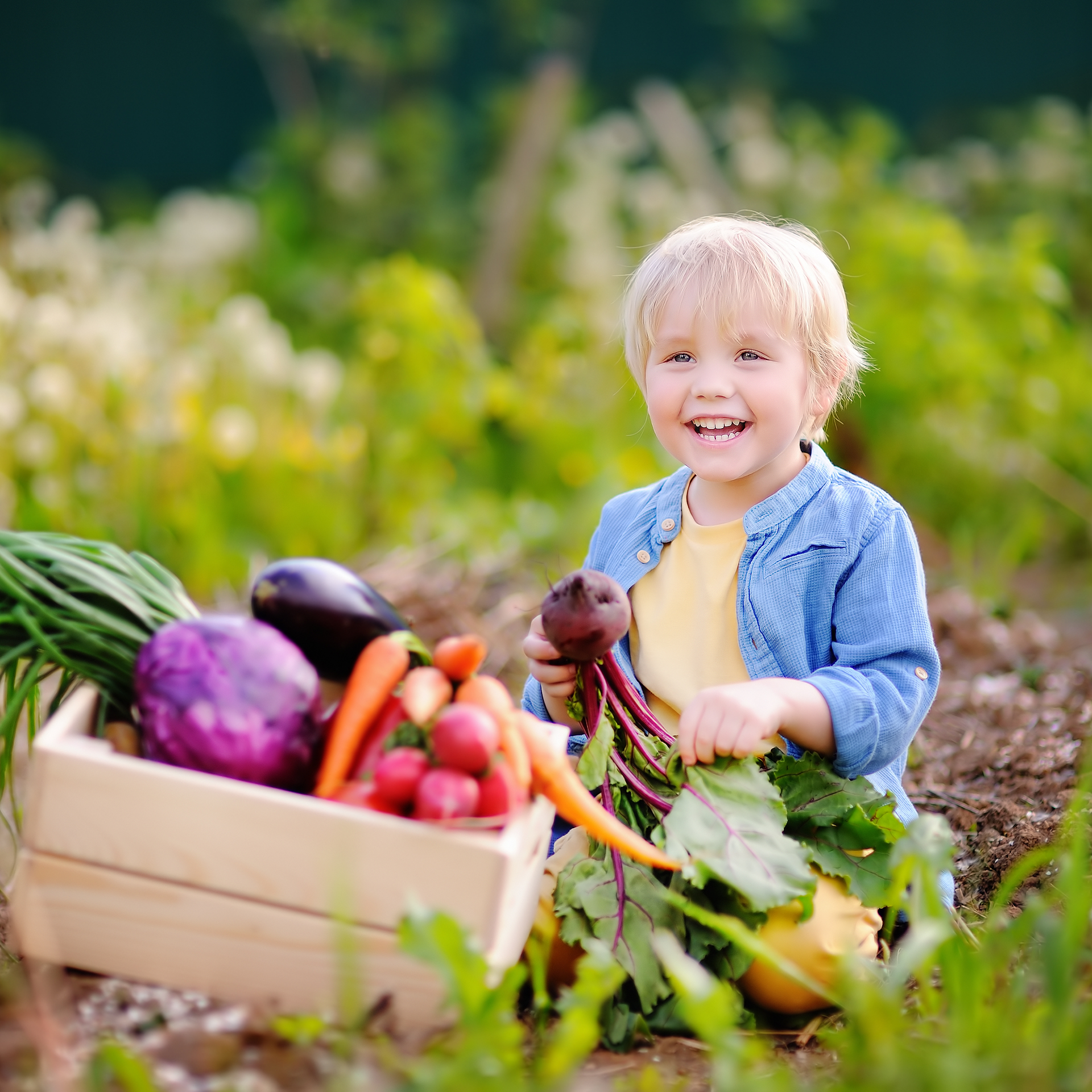 A little girl is sitting next to a wooden box filled with vegetables.