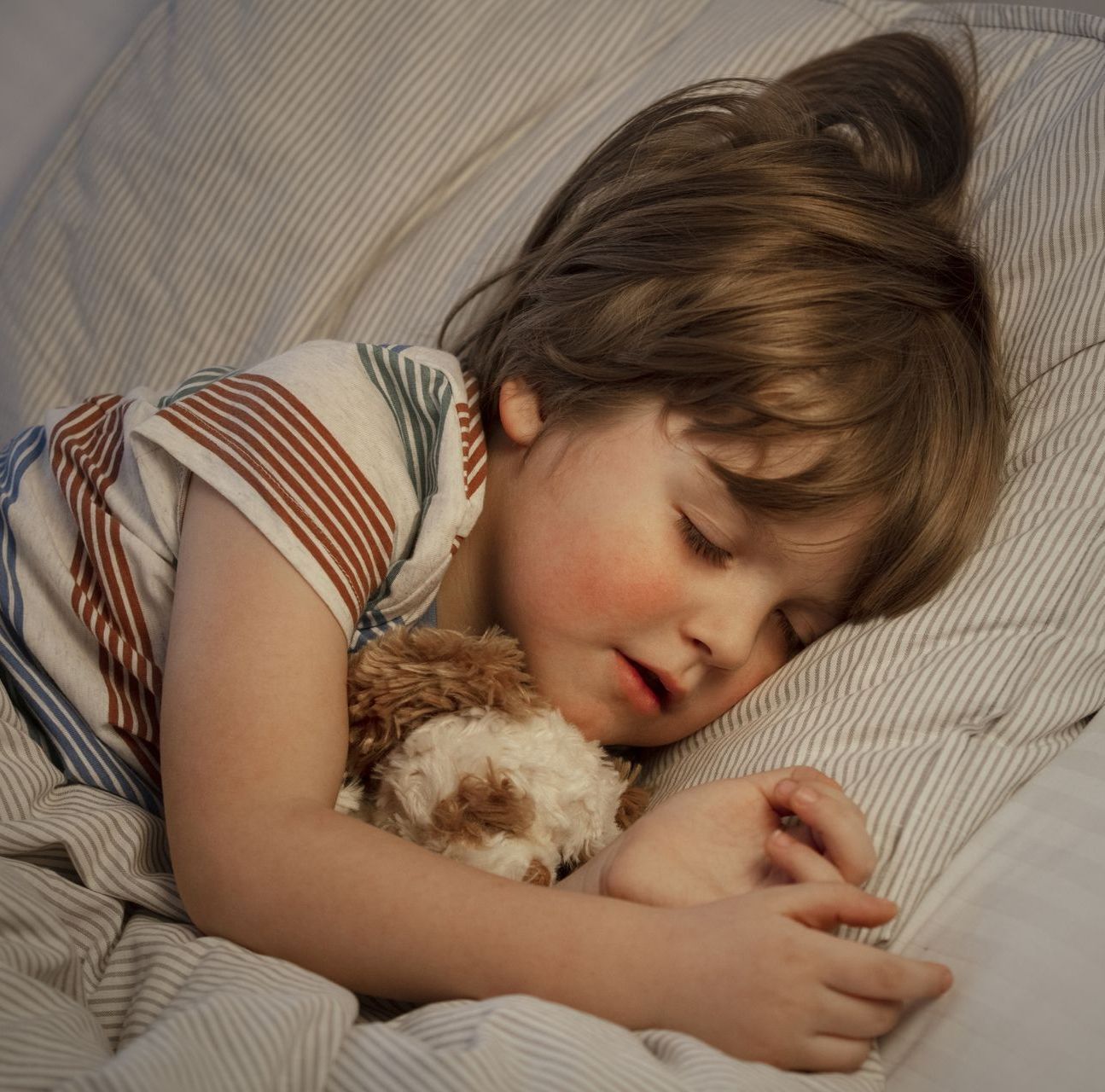 A little boy is sleeping with a stuffed animal peacefully after using Montessori tips to sleep