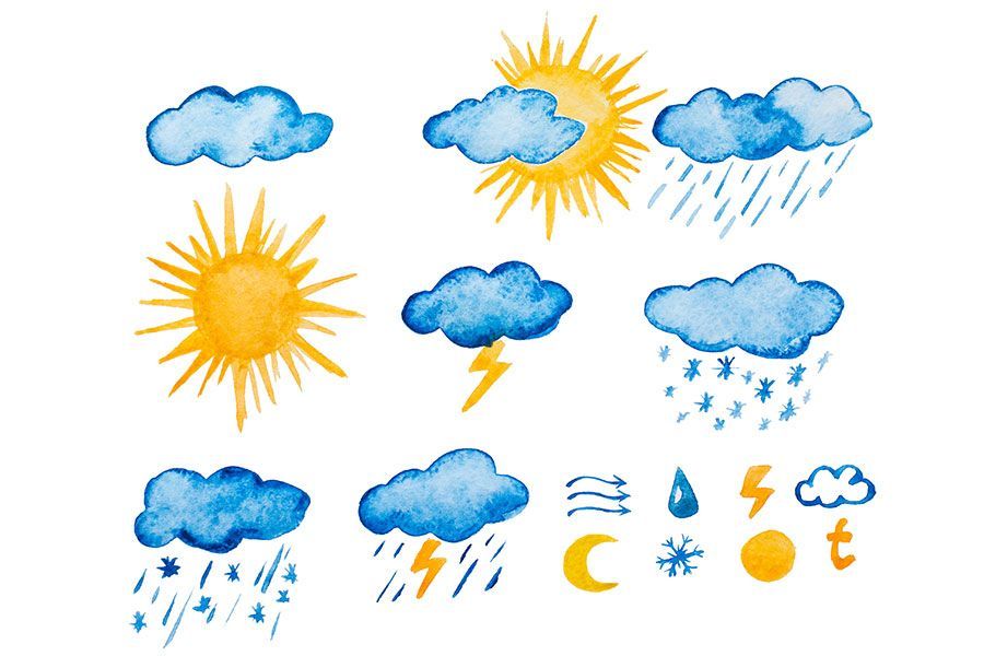 A set of watercolor weather icons including the sun , clouds , rain , lightning , and moon.