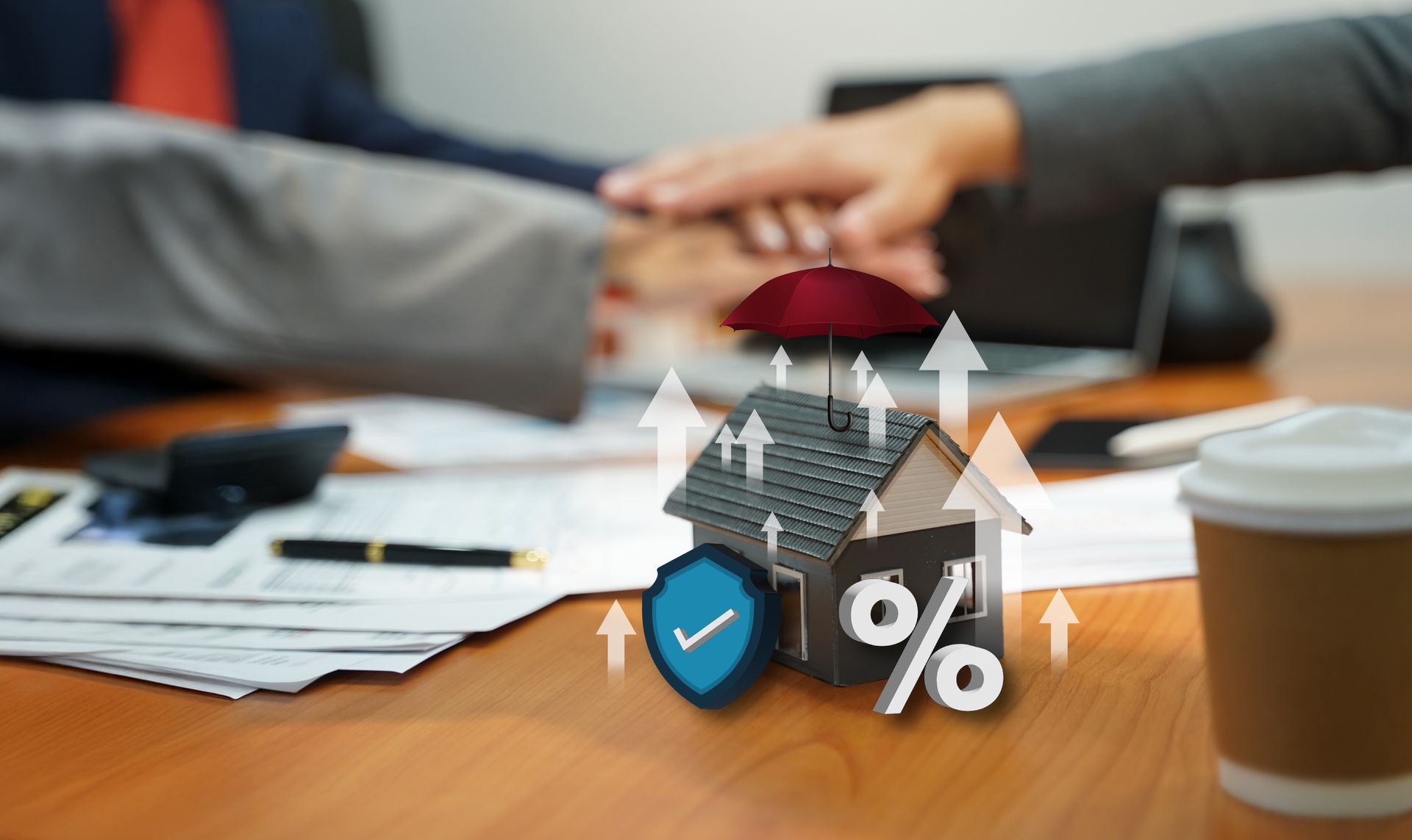House model with protection symbols and upward arrows; business people shaking hands. House model with protection symbols and upward arrows; business people shaking hands.