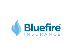 Bluefire Insurance logo: Blue flame graphic with "Bluefire Insurance" text in blue.