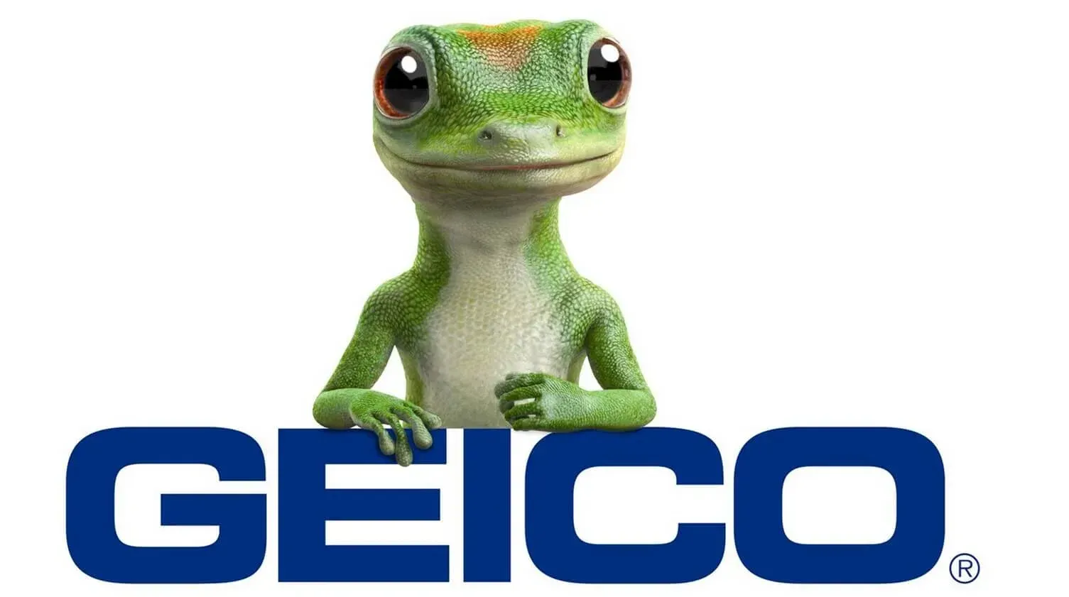 Gecko mascot looking over a blue and white GEICO logo.