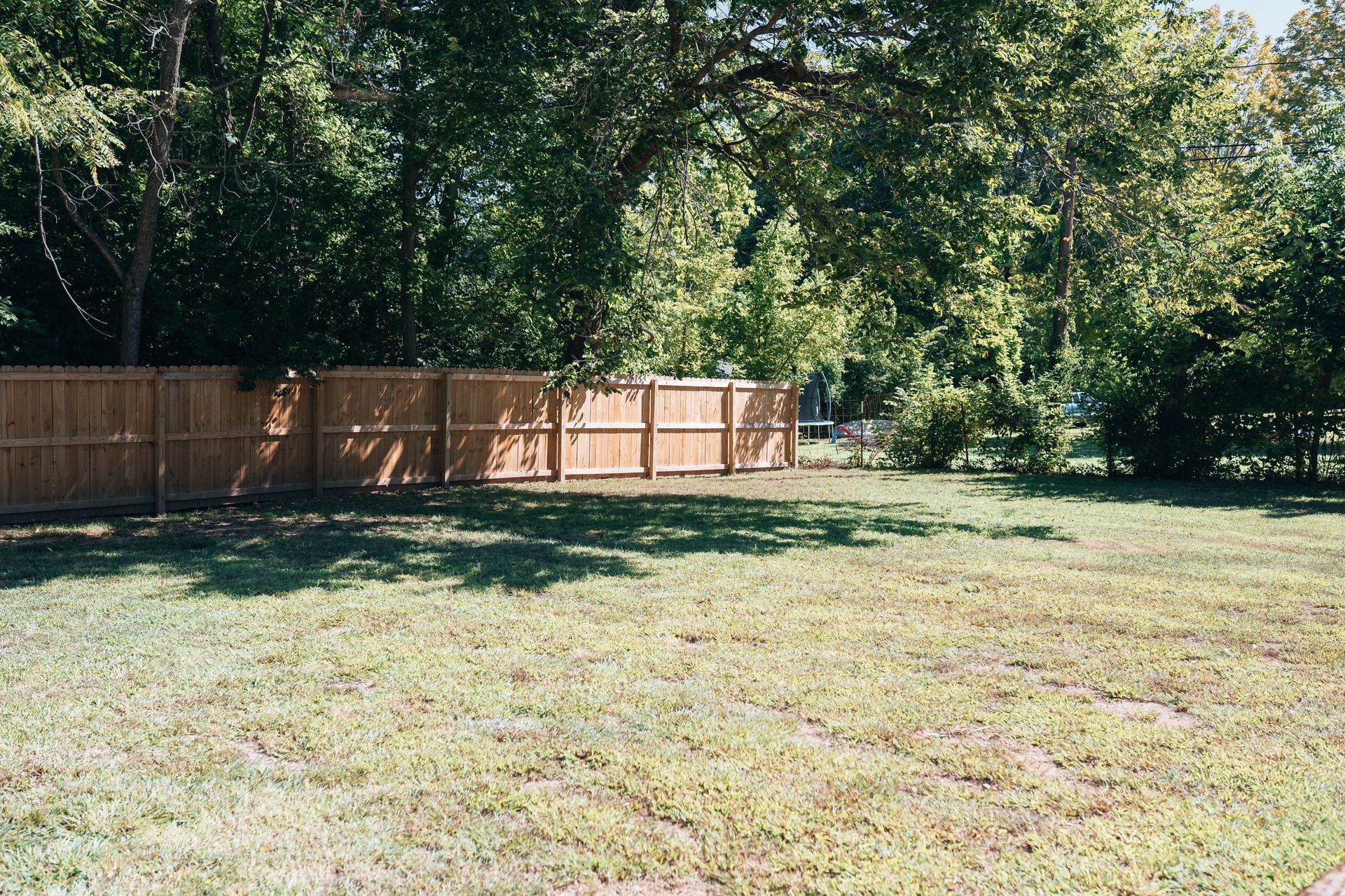A wide, sunny backyard featuring a wooden privacy fence, green lawn, and mature trees in the background.