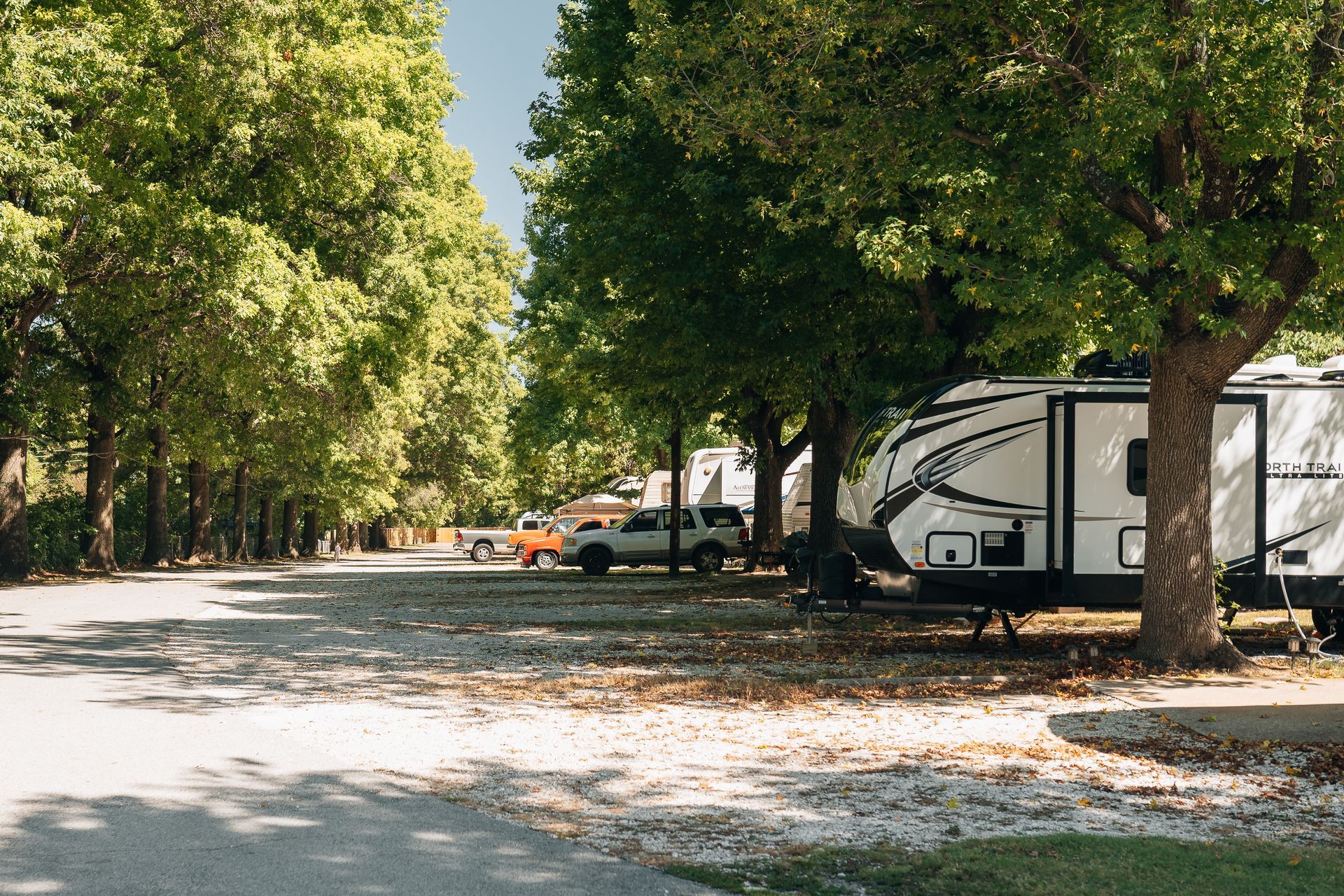 A sunny campground with a white travel trailer parked among large, leafy trees lining a gravel path.