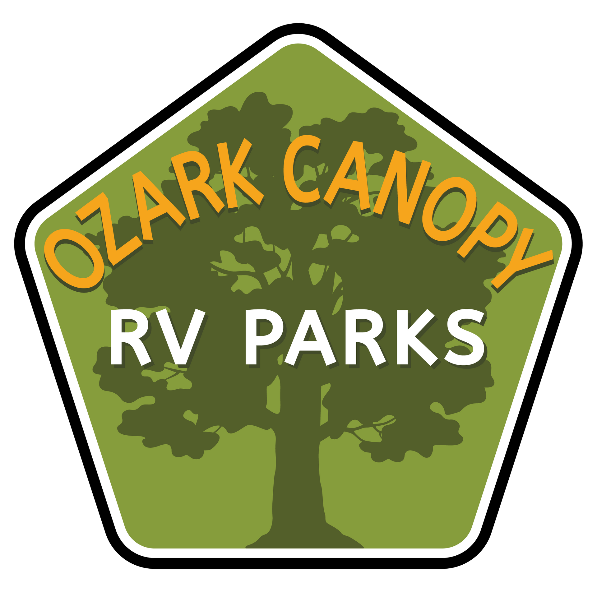 Pentagon-shaped logo with a green tree silhouette, yellow 