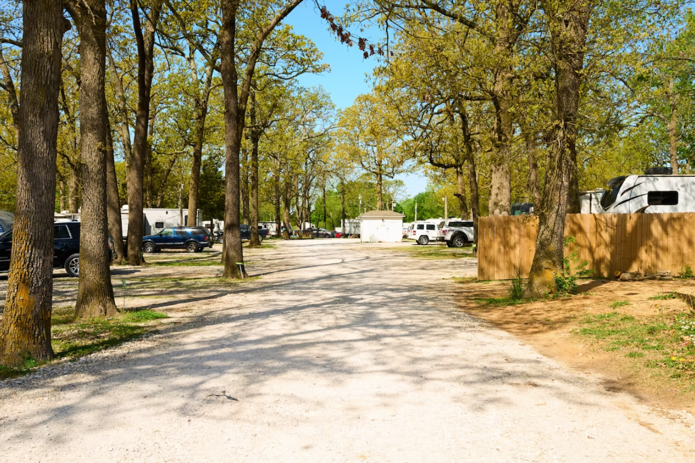 A gravel road leads through a campground lined with tall trees, parked RVs, and passenger vehicles under a blue sky.