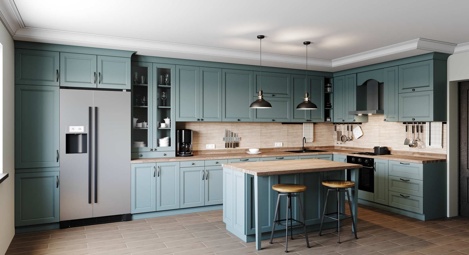 A kitchen with blue cabinets and a stainless steel refrigerator.