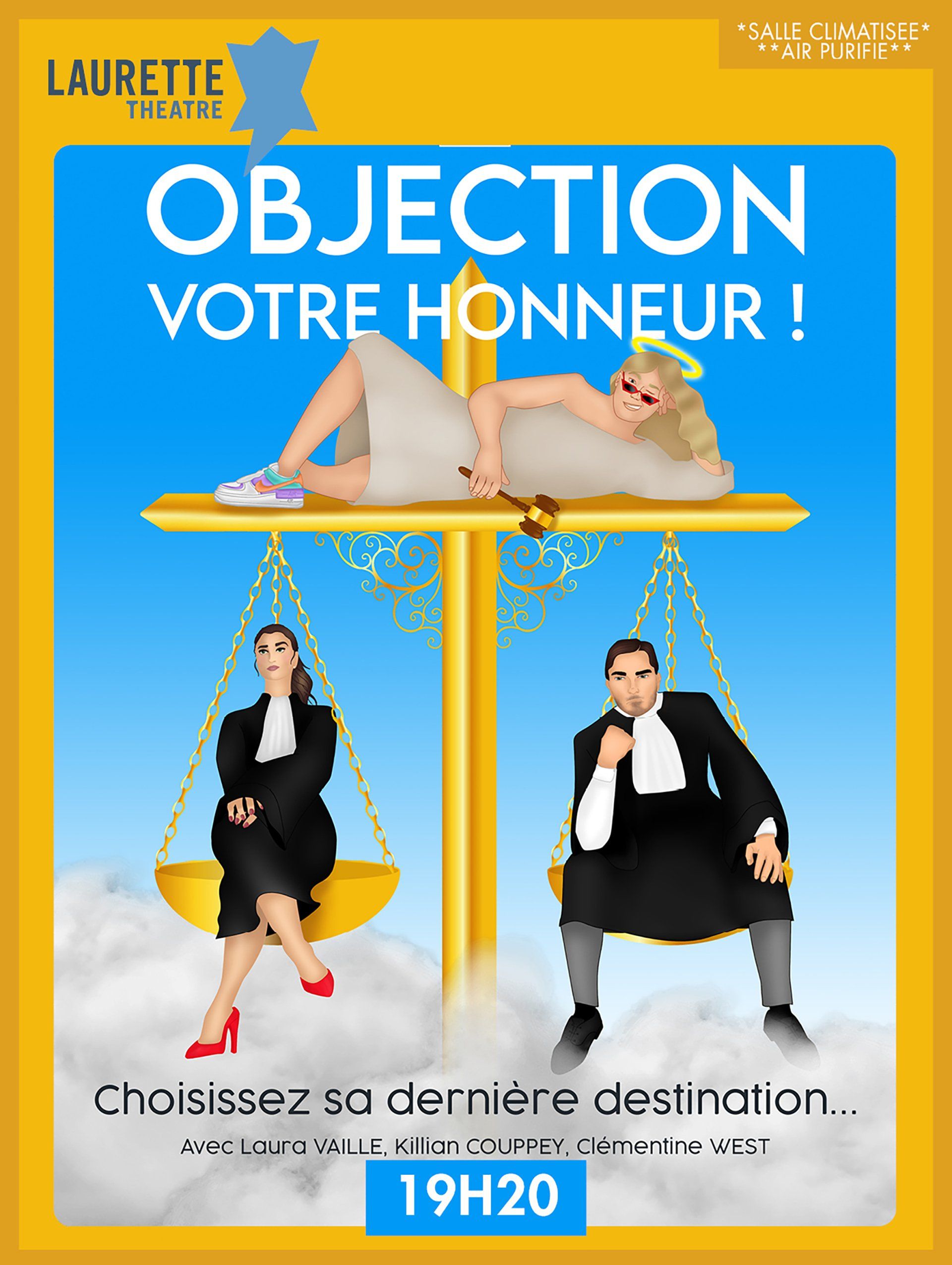 une affiche pour objection votre honneur montre une femme allongée sur une balance et un homme assis sur une balance