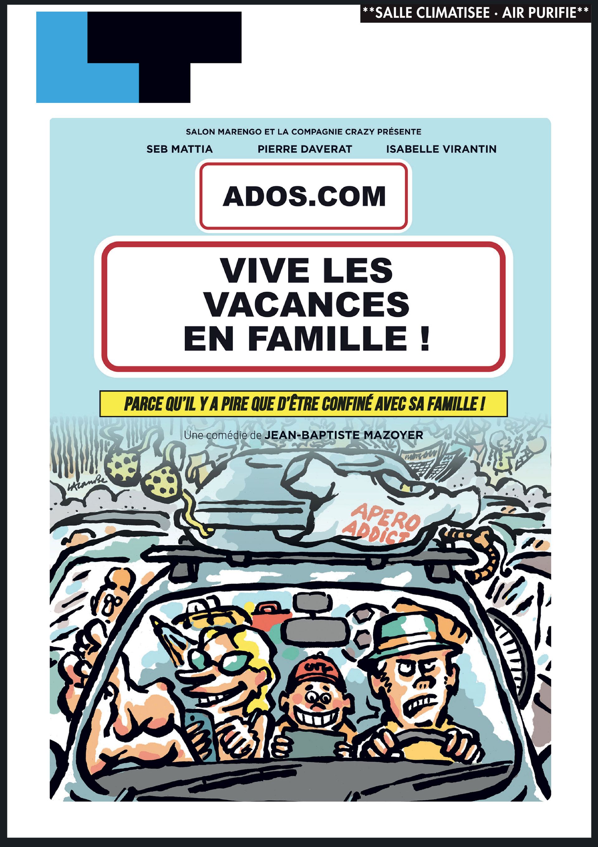 Une caricature d'un homme conduisant une voiture avec une pancarte indiquant vive les vacances en famille