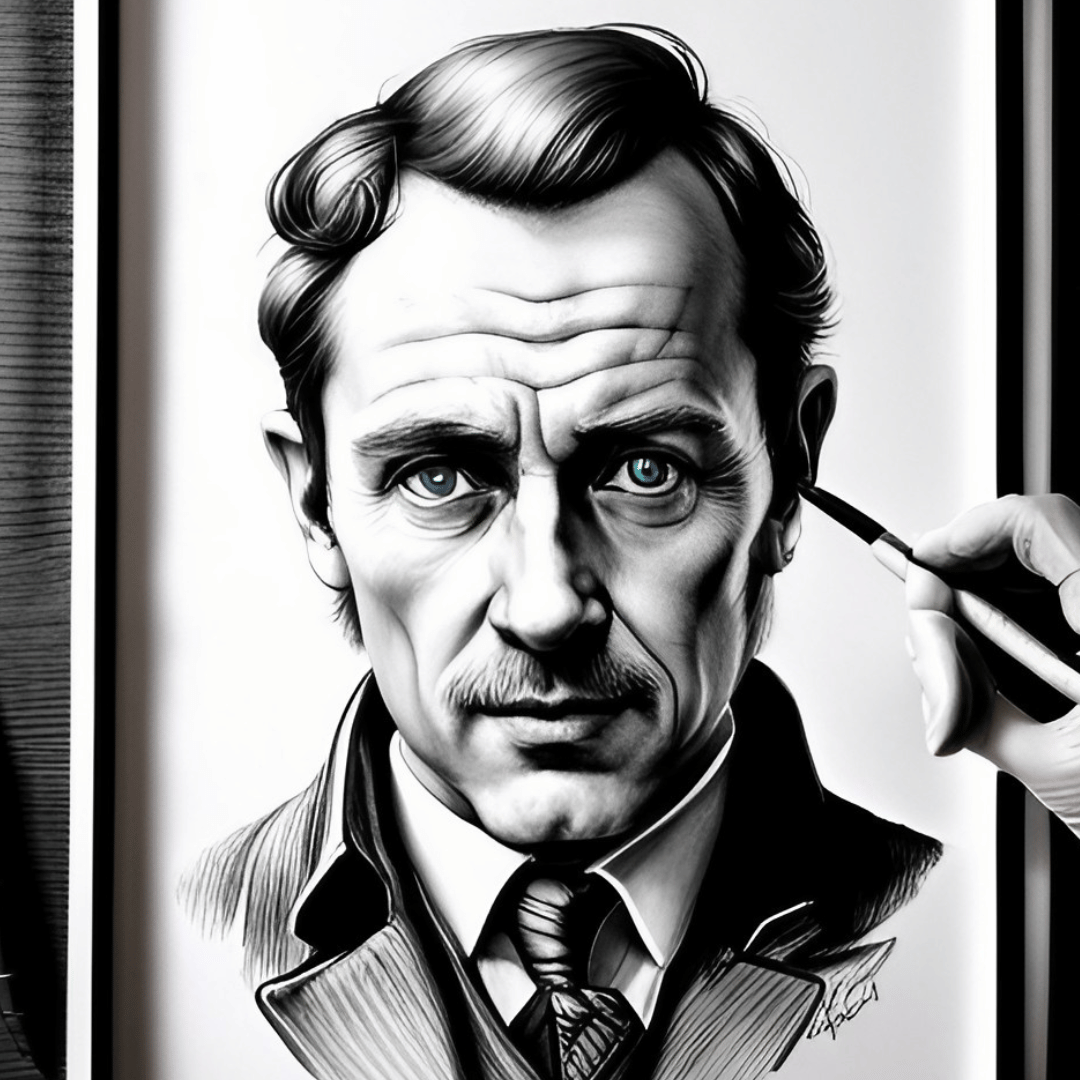 un dessin en noir et blanc d' un homme avec un pinceau . Le visage d'Arsène Lupin ?