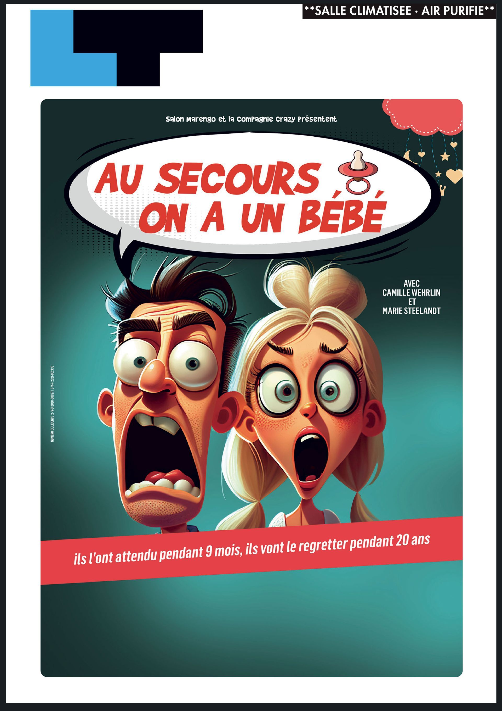 Un homme et une femme figurent sur la couverture d'un spectacle intitulé au secours sur un bébé.