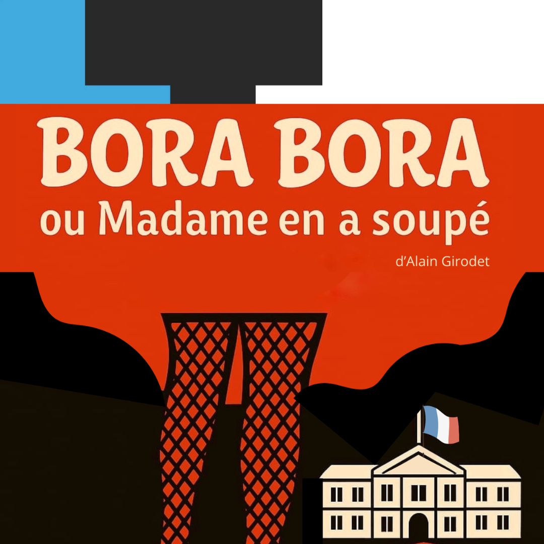 Cairpéad dearg, dhá fháinne bainise, stocaí líonta éisc agus foirgneamh rialtais a bhfuil an inscríbhinn "Bora Bora" air.
