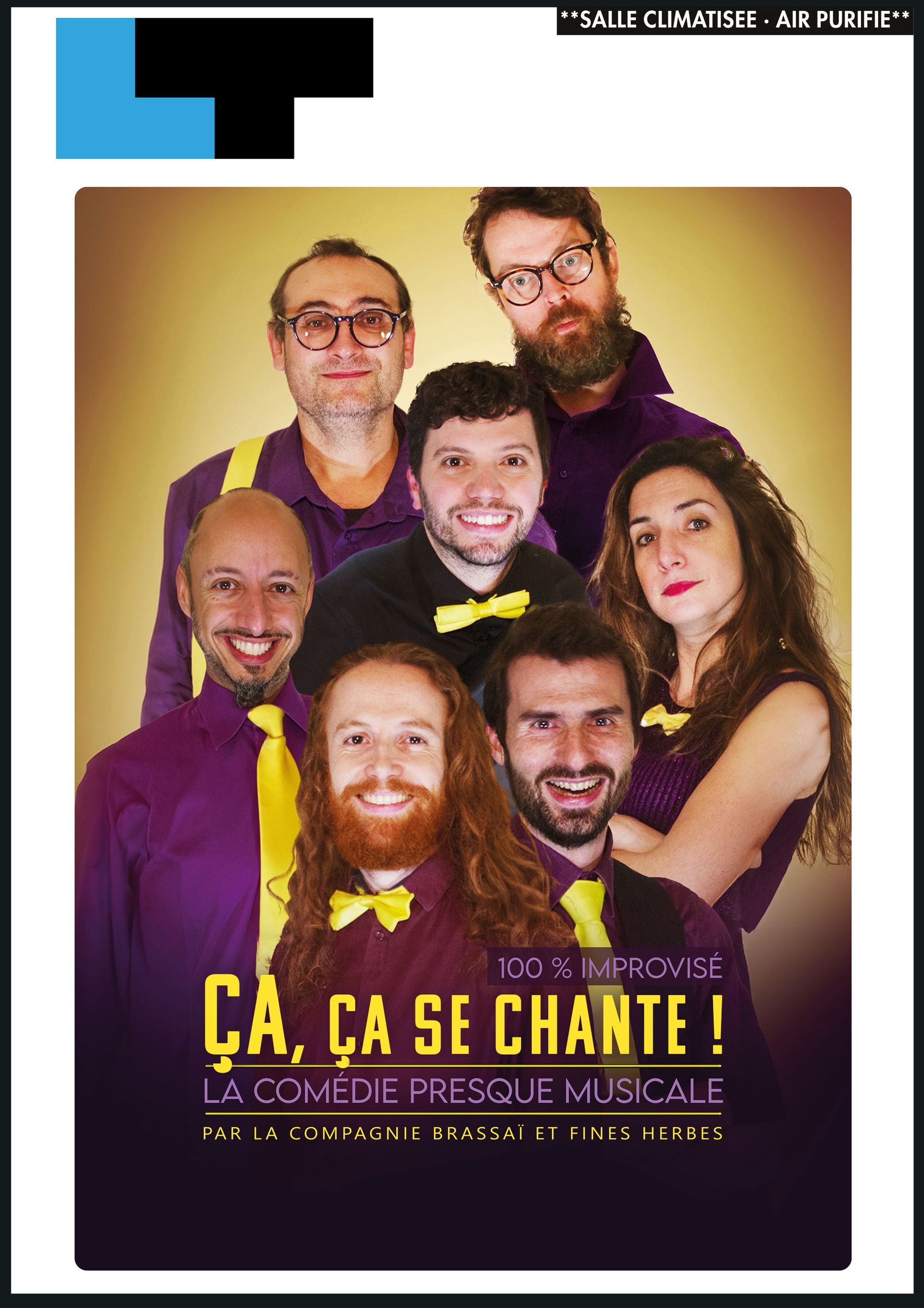 Plakát k muzikálu „Ça, ça se chante!“, na kterém se sedm účinkujících ve fialových oblecích usmívá do kamery.
