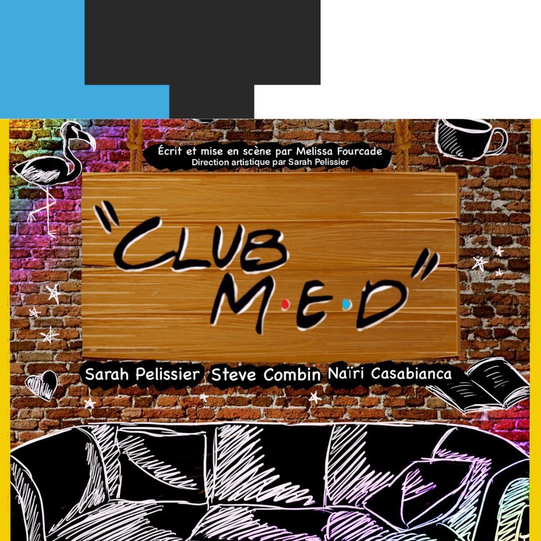 Affiche pour « Club Med », représentant un panneau en bois devant un mur de briques, avec texte et illustrations.