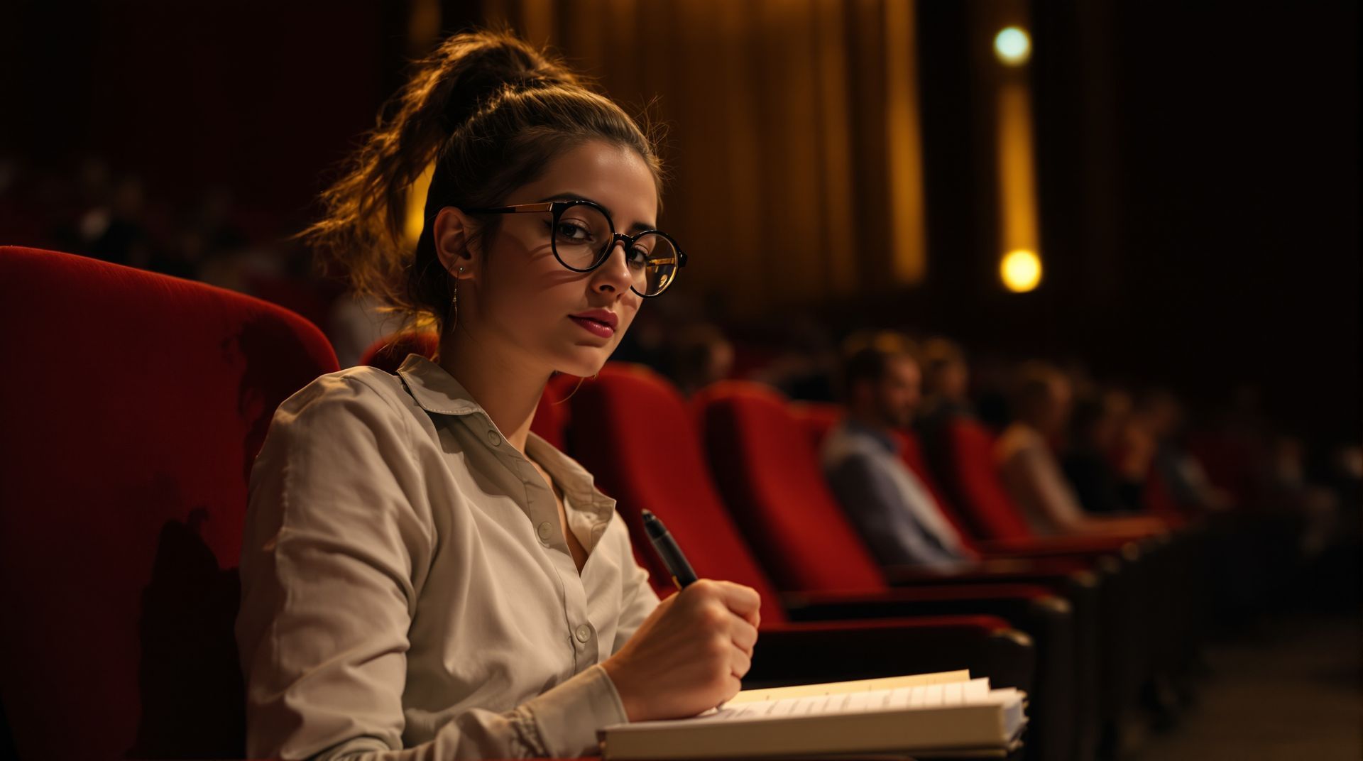 Szemüveges nő, jegyzetfüzettel és tollal a moziban, ír.
