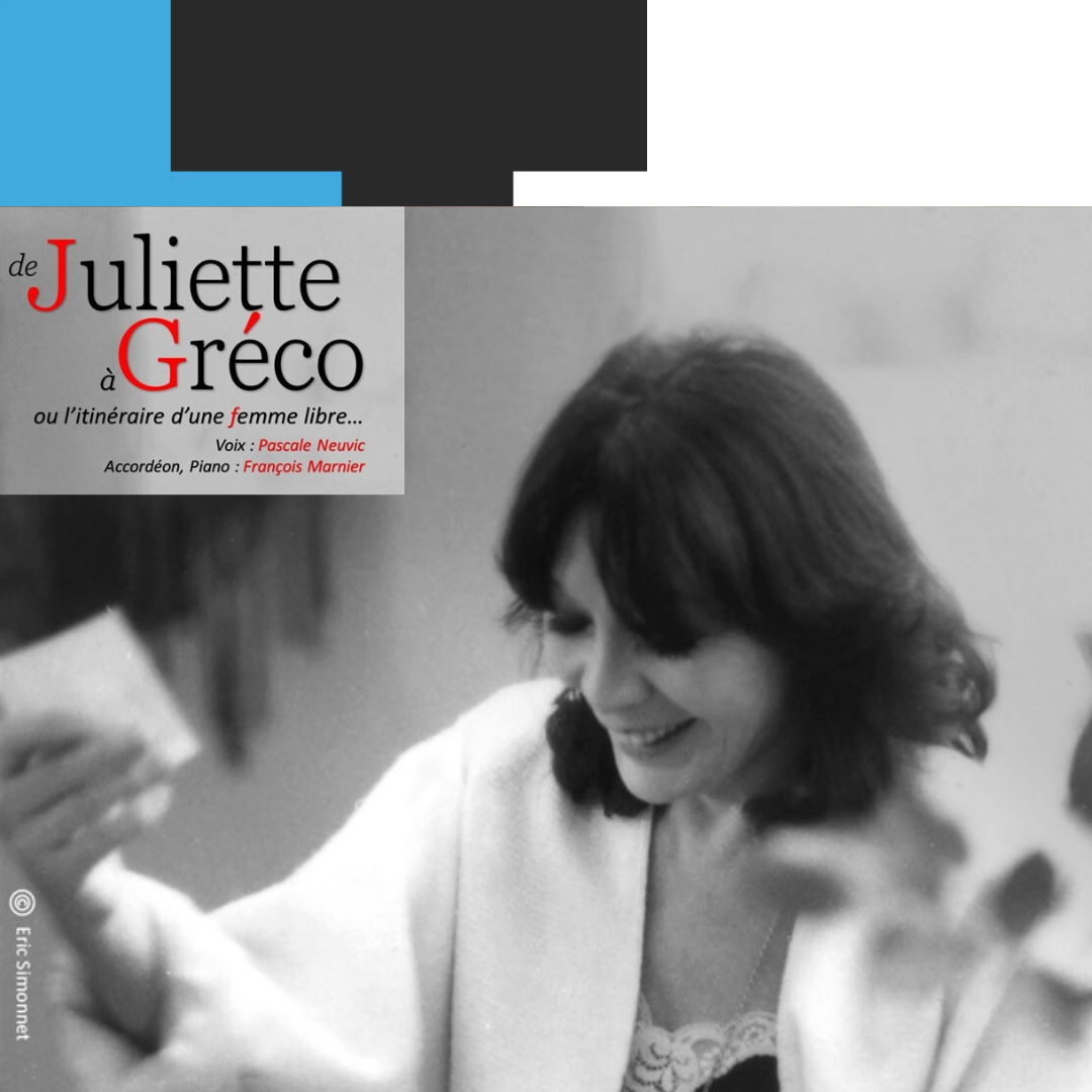 Juliette Gréco met een kaartje in haar hand, lachend in zwart-wit. Albumhoes met tekst.