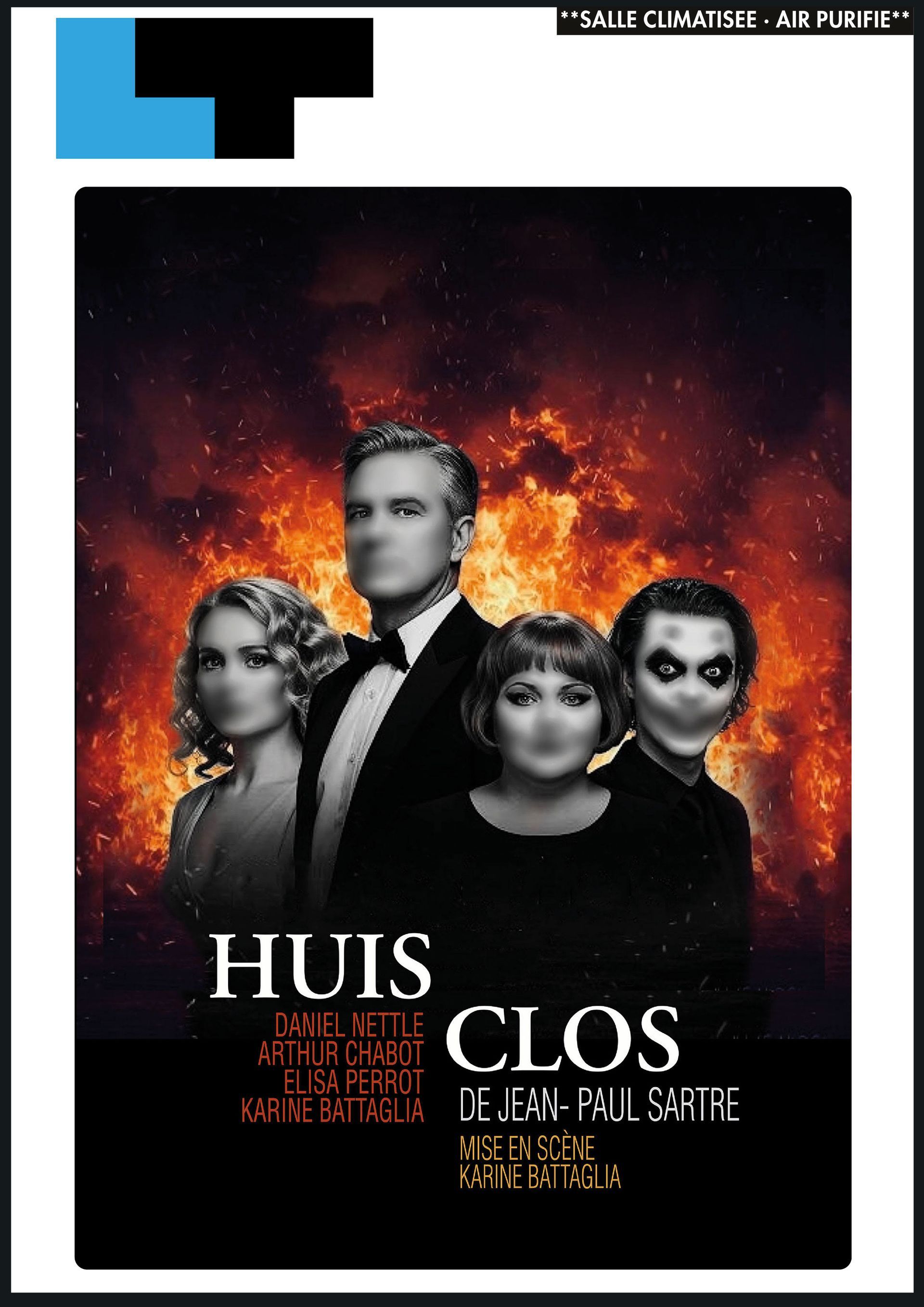 Plakát k filmu „Žádný východ“. Čtyři beztvářné postavy stojí před ohnivým pozadím.