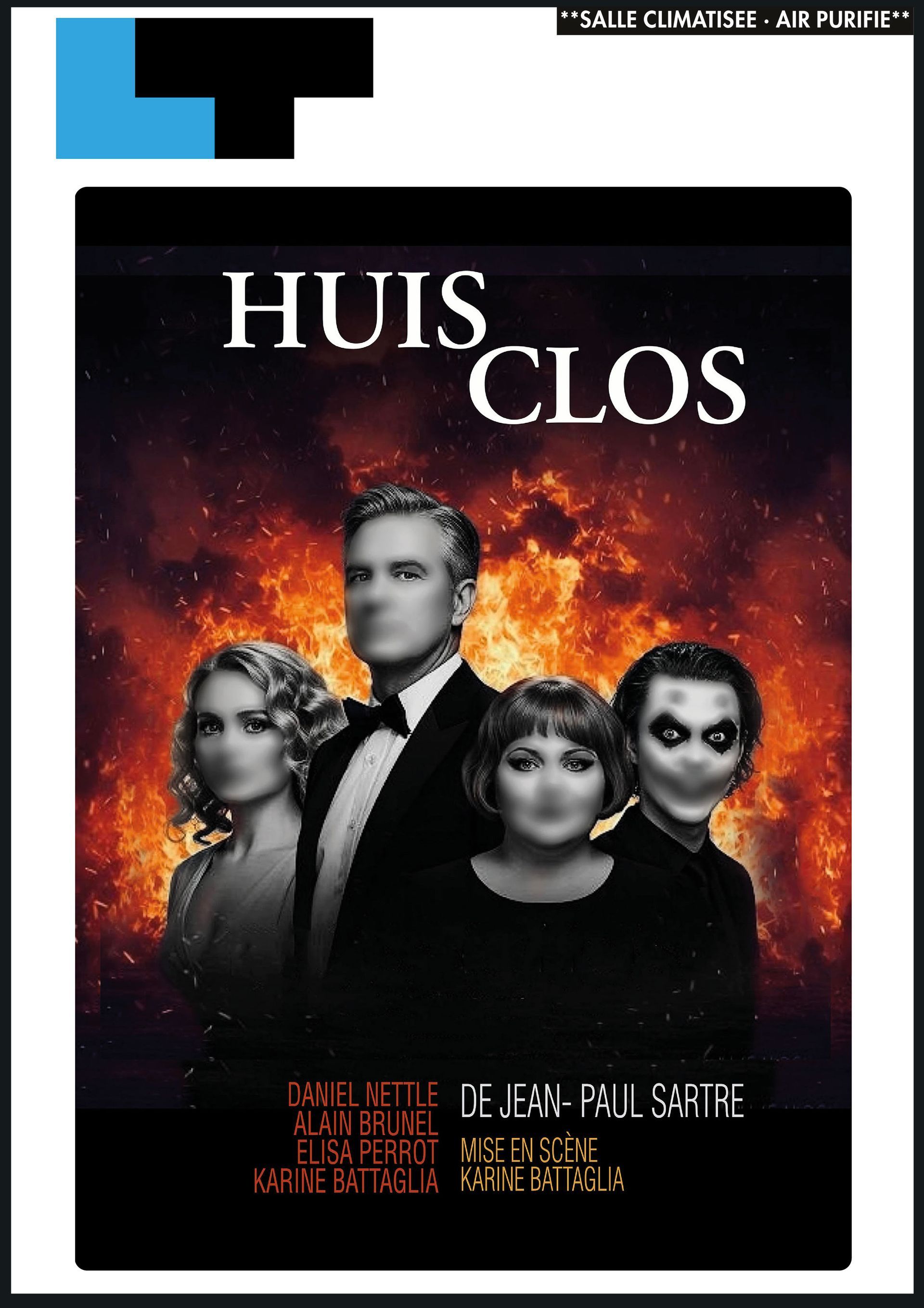 Poster for the play "Huis Clos", showing four people on a flamboyant background, with text below in a white-bordered frame.