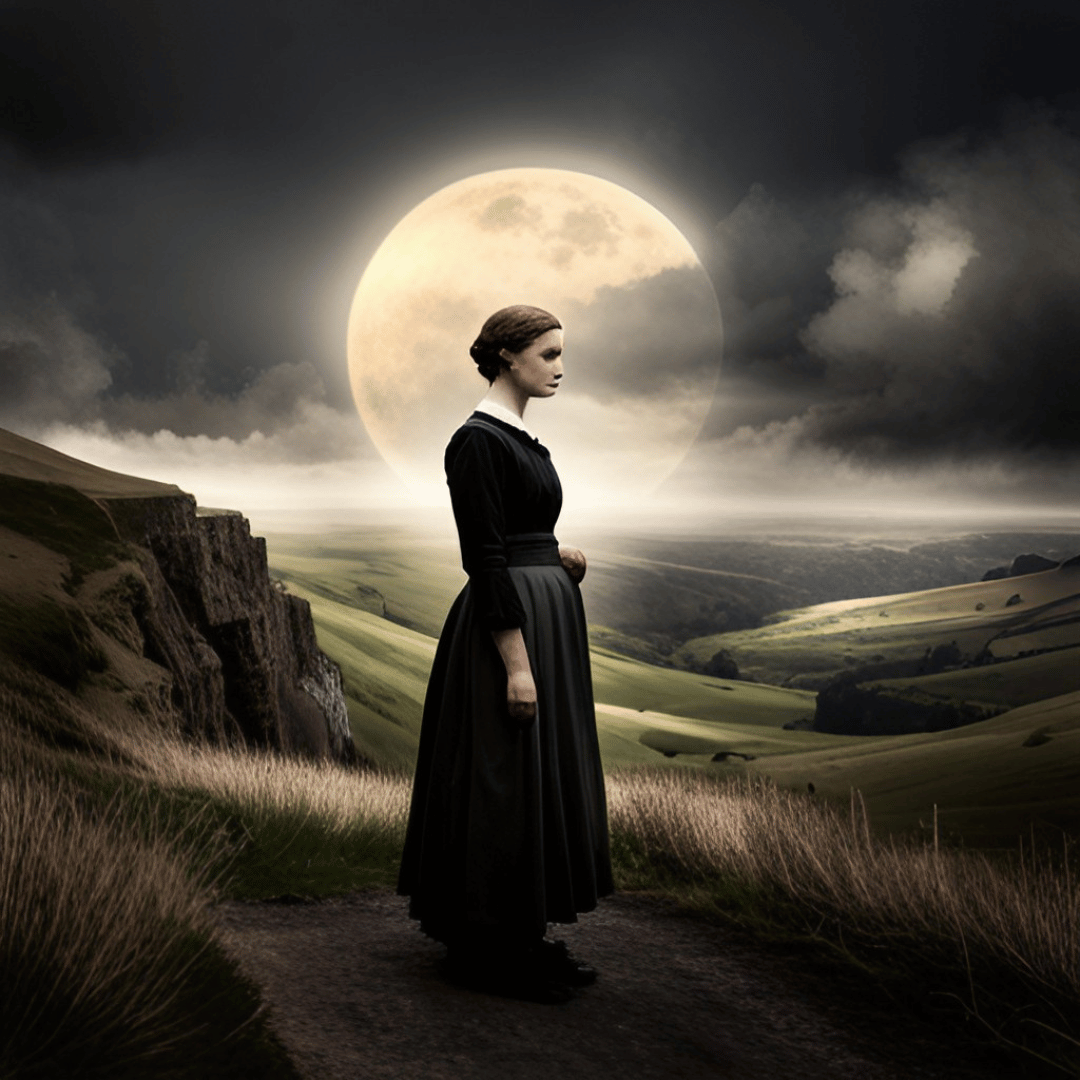 une femme en robe noire se tient devant une pleine lune, Jane Eyre.