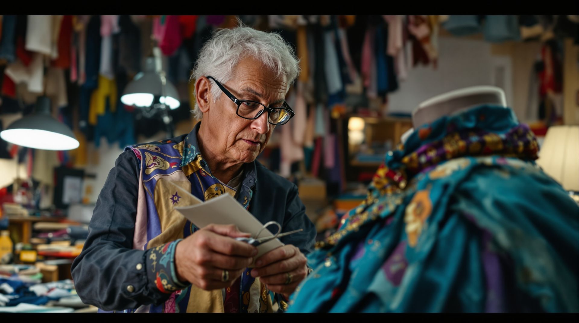 An elderly man wearing glasses cuts paper, examining a colorful garment on a mannequin in a busy workshop.