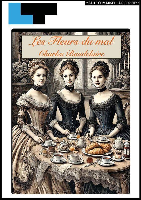 Une peinture de trois femmes assises à une table avec de la nourriture.