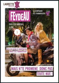 un poster di un&#39;opera teatrale intitolata Feydeau mostra due donne in sella a una motocicletta.