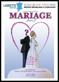 un poster per un&#39;opera teatrale intitolata Marriage mostra una sposa e uno sposo in piedi uno accanto all&#39;altro.